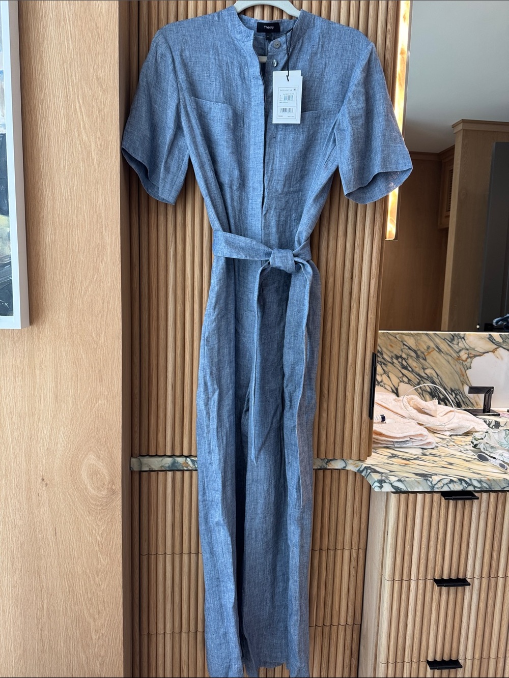 Theory Blue Short-Sleeve Chambray Jumpsuit with Self-Tie Belt
